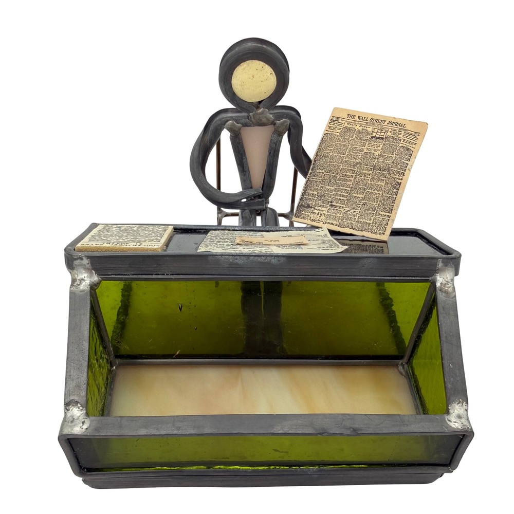 CARL GOELLER Vintage Stained Glass Metal Figure Desk Business Card Holder  Art